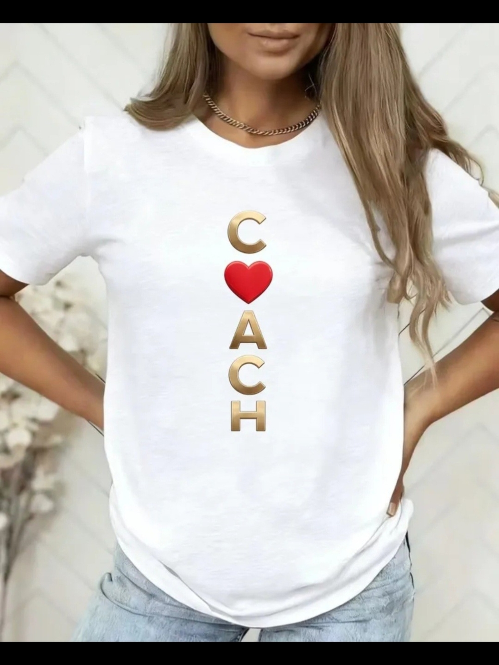 Women’s White Short Sleeve Tee with Gold Lettering and Red Heart